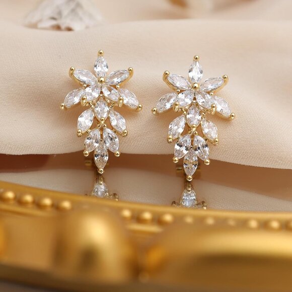 Elegant Gold Leaf Cluster Study Earrings for Women, Hypoallergenic Cubic Zirconi - Picture 7 of 7